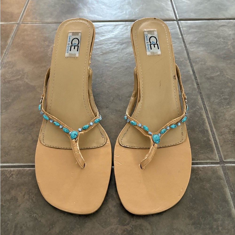 Chic Tan Sandals with Turquoise Accents